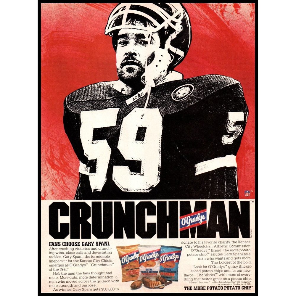 1986 O'Gradys Potato Chips Vintage Print Ad Gary Spani Football Player Wall Art